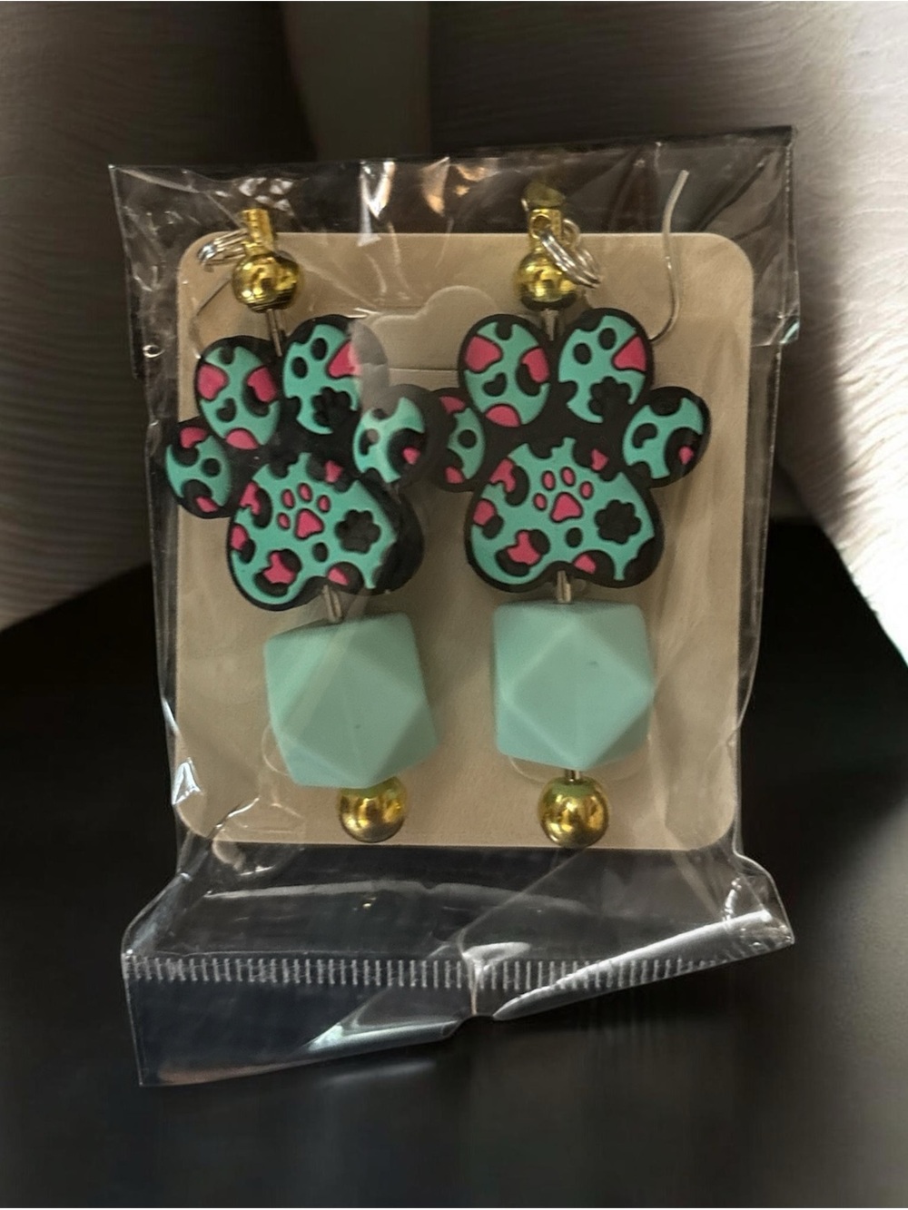Teal Paw Print Earrings with Gold Tone Accents